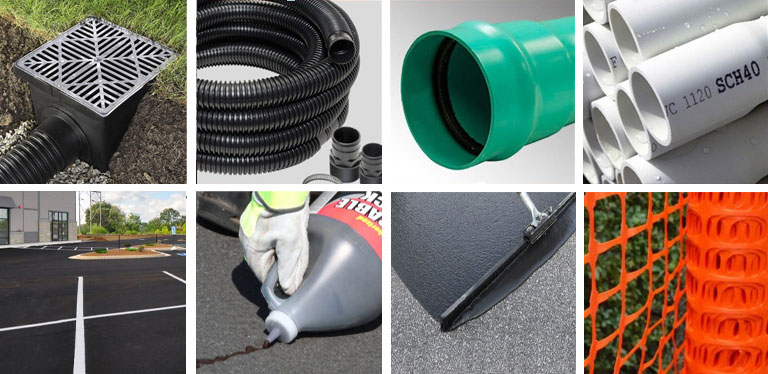 Drainage Pipes & Fittings, Seal Coating, Pavement Sealer, Crack Fillers, Tools & Accessories, Filter Fabric, Orange Fence, Silt Fence, Stabilization Fabric